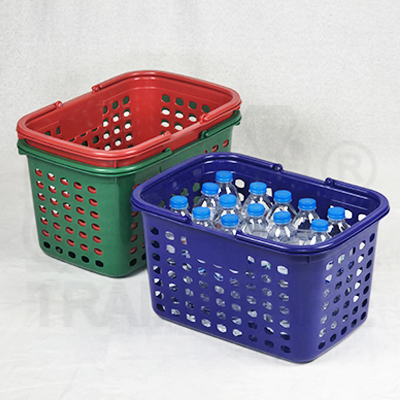 Wholesale supermarket shopping baskets in bulk mixed colors red green blue with custom logo printing service located in Bangkok Thailand