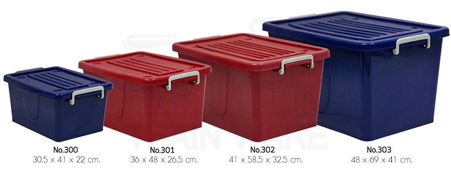 Wholesale factory for red and blue multipurpose plastic boxes with wheels and locking lids. Available in medium to large sizes (16L, 30L, 45L, and 100L) in bulk dozens at wholesale prices in Thailand