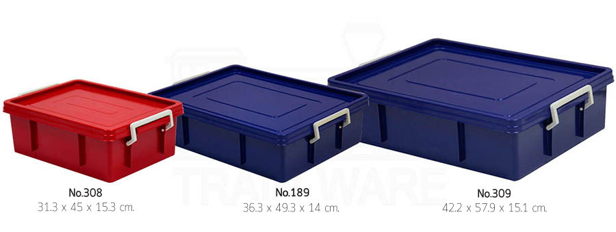 Wholesale and OEM service factory for red and blue flat-shaped plastic boxes with locking lids. Available in medium to large sizes (12L, 17L, and 25L) in bulk dozens at wholesale prices Thailand