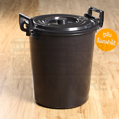 Wholesale factory for large 40.5L black plastic buckets with locking lids and handles. Also manufacturing 40L black trash bins at affordable prices. Available in bulk dozens. Services include custom logo screen printing on large black plastic containers.