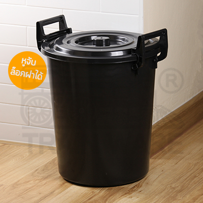 manufacturing affordable 40L (40,000 ml) Large black plastic buckets with locking lids and handles with custom screen printing service in Bangkok.